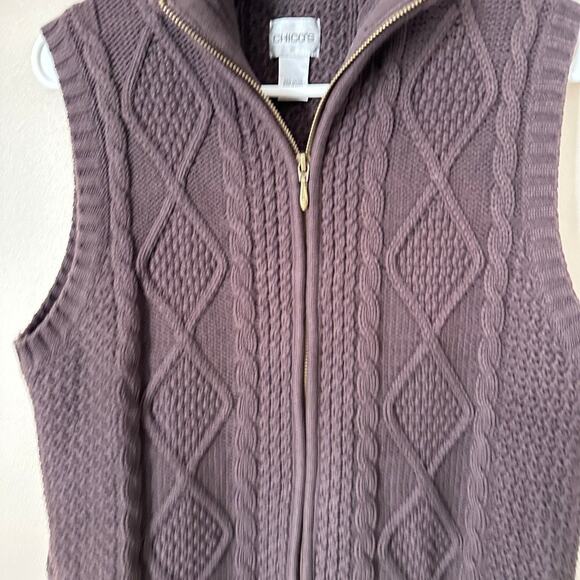 Chicos Cable Knit Sweater Vest SMALL Zip Front Preppy Career Academia Brown - Picture 4 of 11